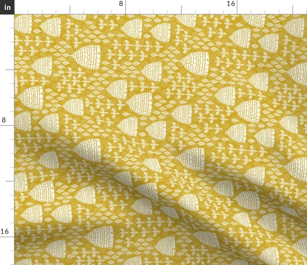 bee hives (RR)// golden yellow spring florals flower bumble bee linocut block printed textiles