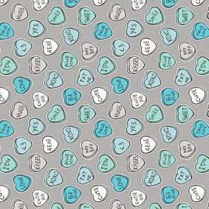 Conversation Candy Hearts Valentine Love  Mint Green Blue on Grey Tiny Small Rotated