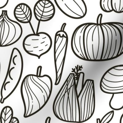 Large Farm vegetables BW pattern. Autumn harvest design. Pumpkin, carrot, pepper, eggplant, beetroot, broccoli.