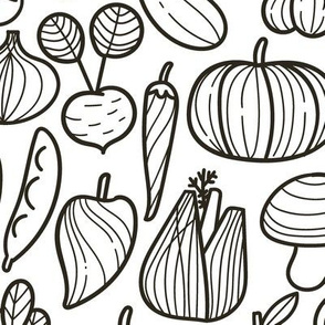 Large Farm vegetables BW pattern. Autumn harvest design. Pumpkin, carrot, pepper, eggplant, beetroot, broccoli.