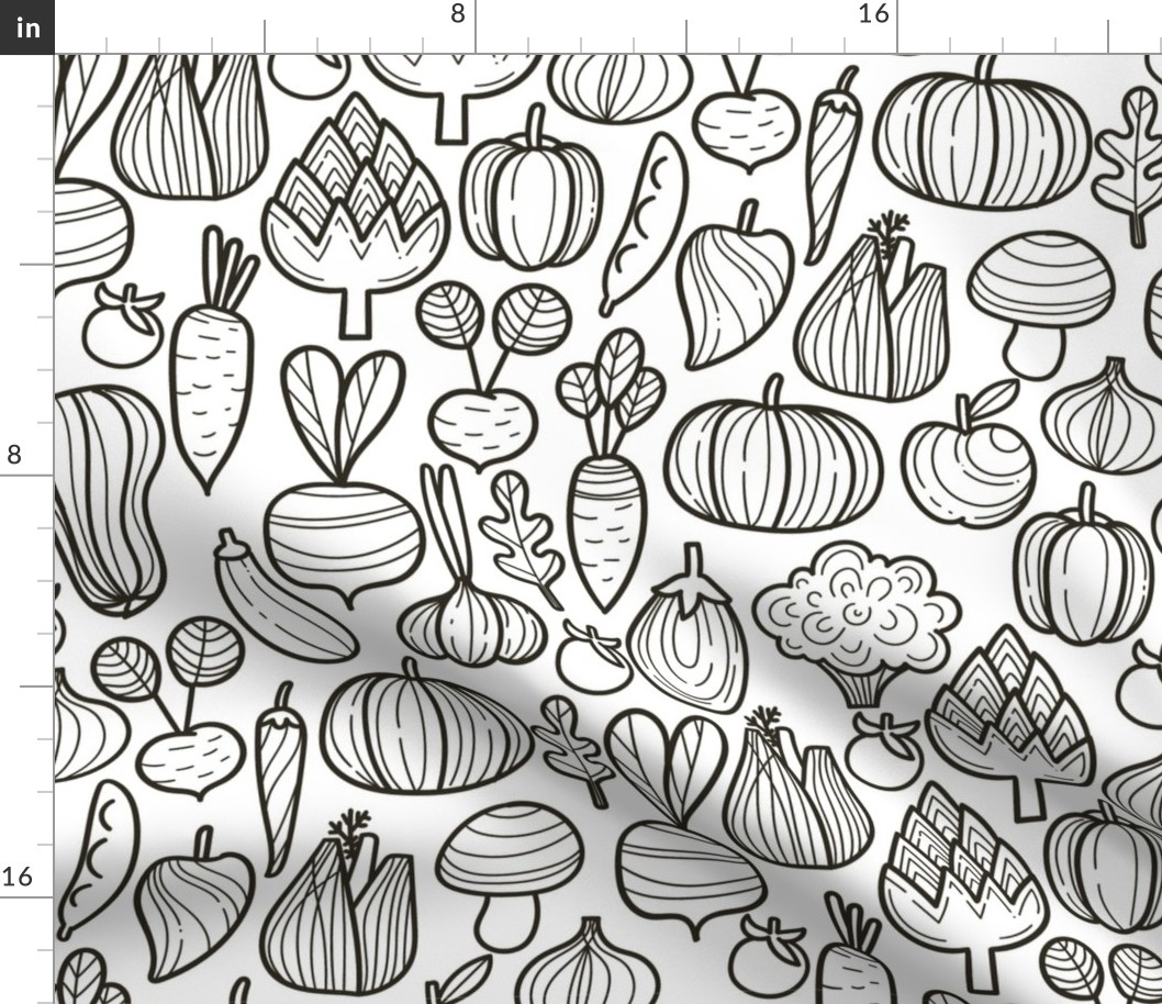 Large Farm vegetables BW pattern. Autumn harvest design. Pumpkin, carrot, pepper, eggplant, beetroot, broccoli.