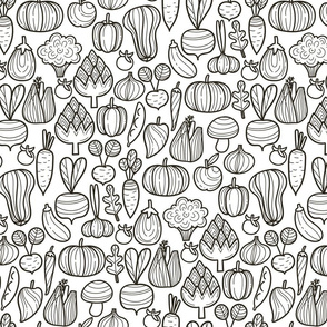 Big Farm vegetables BW pattern. Autumn harvest design. Pumpkin, carrot, pepper, eggplant, beetroot, broccoli.