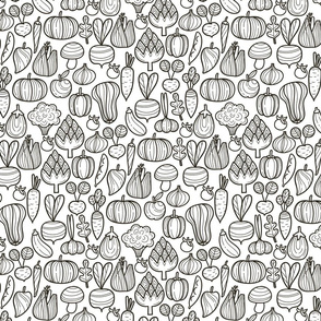 Medium Farm vegetables BW pattern. Autumn harvest design. Pumpkin, carrot, pepper, eggplant, beetroot, broccoli.