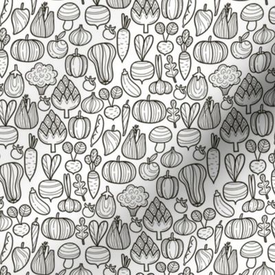 Small Farm vegetables BW pattern. Autumn harvest design. Pumpkin, carrot, pepper, eggplant, beetroot, broccoli.