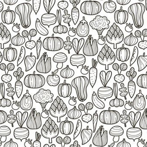 Small Farm vegetables BW pattern. Autumn harvest design. Pumpkin, carrot, pepper, eggplant, beetroot, broccoli.