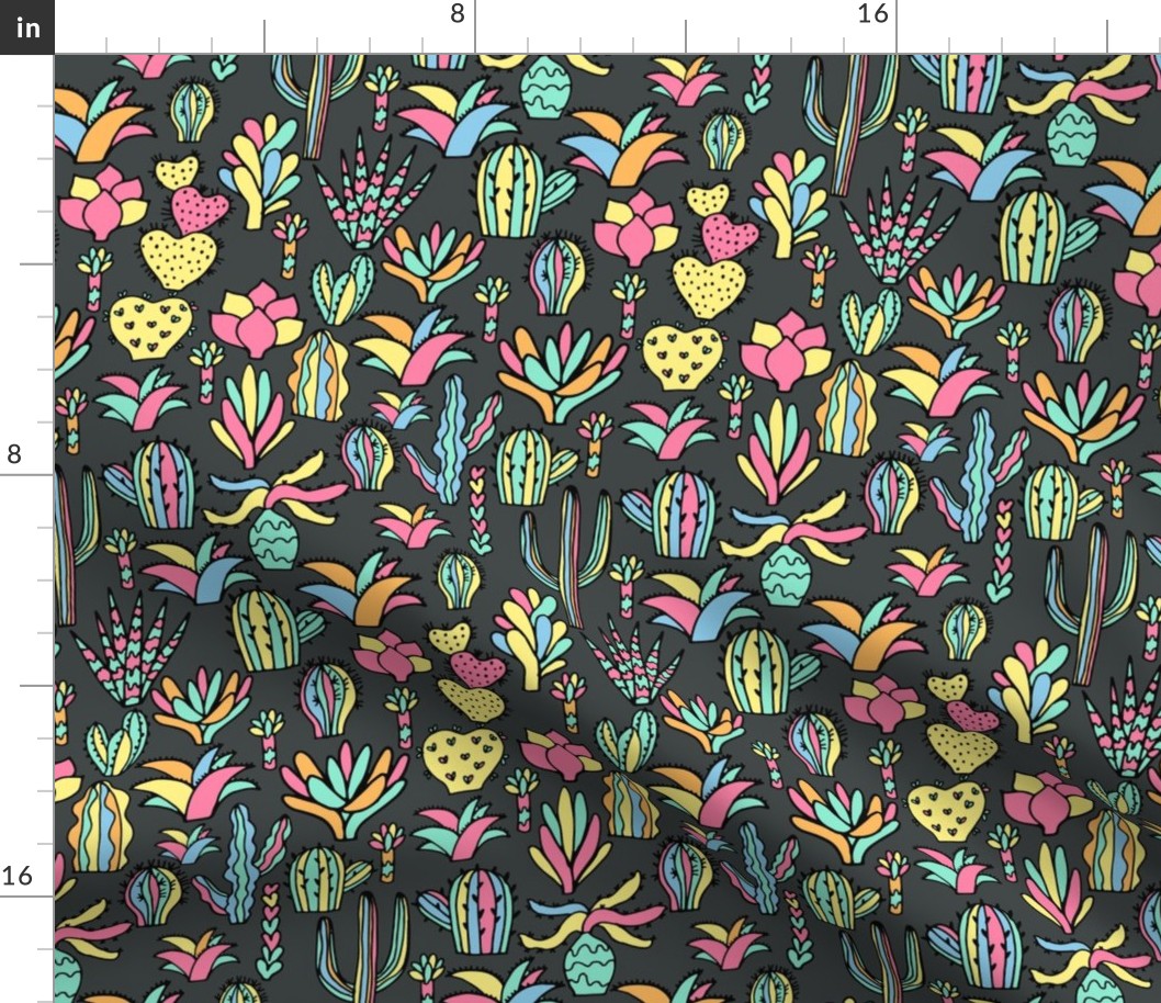 colorful cacti pattern dark. cactuses and succulents design.