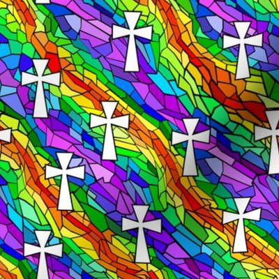 stained glass rainbow with white crosses