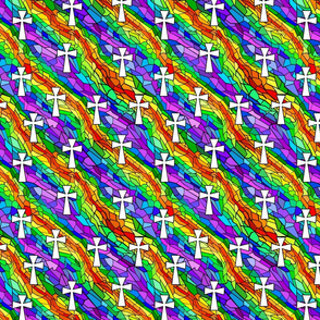 stained glass rainbow with white crosses