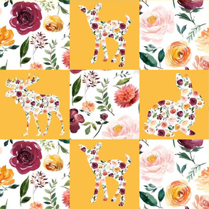 Floral Animal Silhouettes Quilt 6" squares MUSTARD