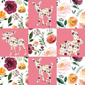 Floral Animal Silhouettes Wholecloth Quilt 6" Squares PINK