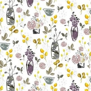 Buds and Vases - plum and yellow on white background