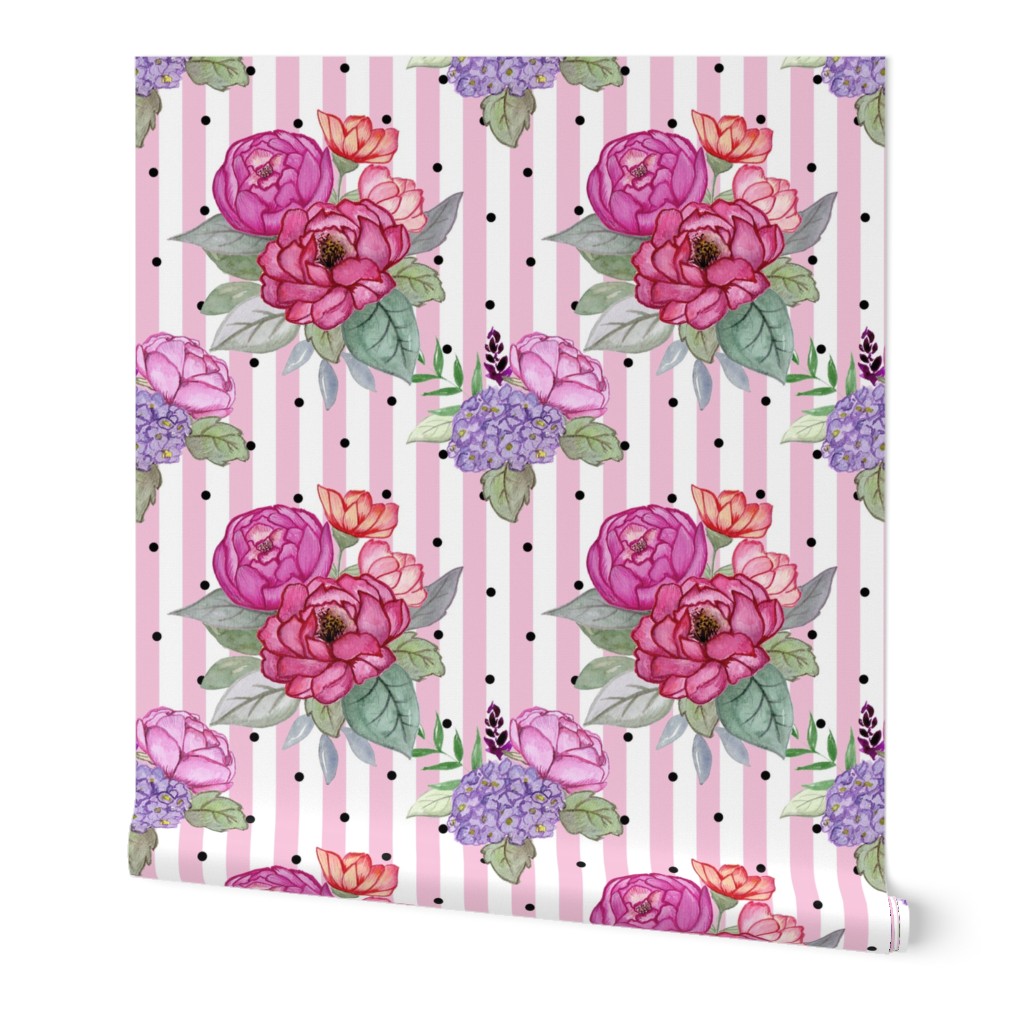 Watercolour floral on pink stripes and polka dots MEDIUM