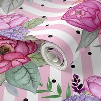 Watercolour floral on pink stripes and polka dots MEDIUM