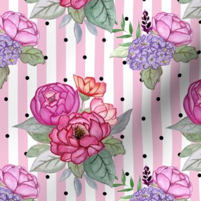 Watercolour floral on pink stripes and polka dots MEDIUM