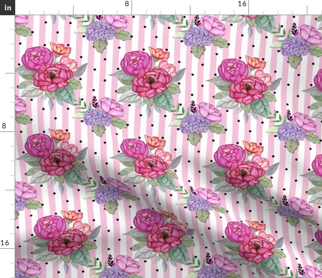 Watercolour floral on pink stripes and polka dots MEDIUM