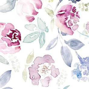 Watercolour Florals Vintage Faded Style on White LARGE - Railroad - 90° clockwise