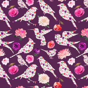 BRIGHT FLORAL birds silhouettes Purple 6"