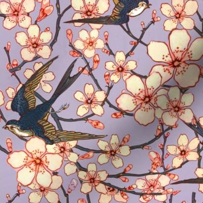 Almond blossoms and swallows floral