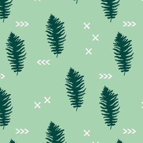 Geometric fern forest with crosses arrows and leaves mint green
