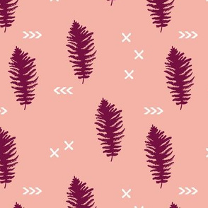 Geometric fern forest with crosses arrows and leaves pink maroon