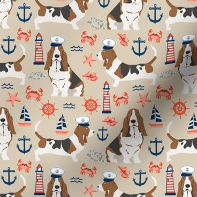 basset hound dog breed nautical themed fabric beige