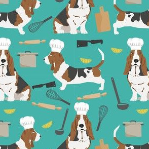 basset hounds chefs themed cooking dog breed fabric turquoise