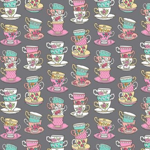 Stacked Tea cups with Vintage Roses Flowers on Dark Grey Smaller