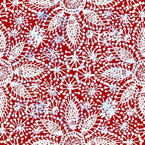 Rustic white Dahlia lace on red