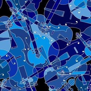 Scattered violins, violas, cellos in blue