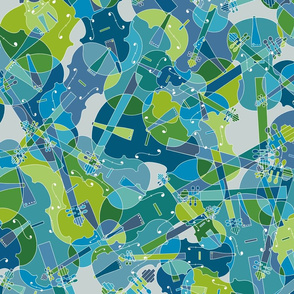 scattered violins in blue, green and grey