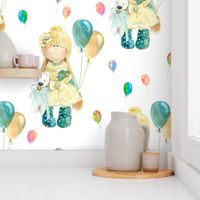 MEDIUM WATERCOLOR DOLL AND BALLOONS ON WHITE