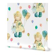 MEDIUM WATERCOLOR DOLL AND BALLOONS ON WHITE