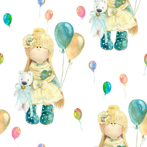 LARGE WATERCOLOR DOLL AND BALLOONS ON WHITE by FLOWERYHAT