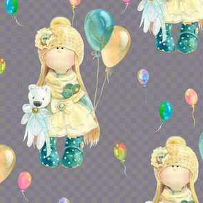 MEDIUM WATERCOLOR DOLL AND BALLOONS ON TAUPE GINGHAM