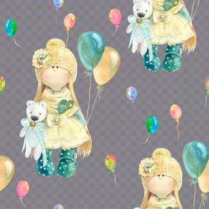 LARGE WATERCOLOR DOLL AND BALLOONS ON TAUPE GINGHAM