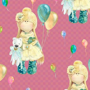 MEDIUM WATERCOLOR DOLL AND BALLOONS ON RASPBERRY PINK GINGHAM