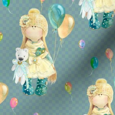 medium WATERCOLOR DOLL AND BALLOONS ON PETROLEUM BLUE GREEN on gingham