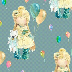 medium WATERCOLOR DOLL AND BALLOONS ON PETROLEUM BLUE GREEN on gingham