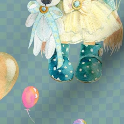 LARGE WATERCOLOR DOLL AND BALLOONS ON PETROLEUM BLUE GREEN gingham