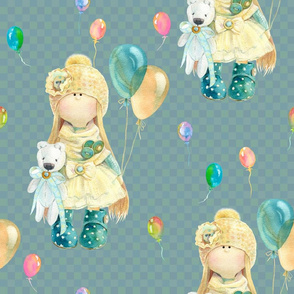 LARGE WATERCOLOR DOLL AND BALLOONS ON PETROLEUM BLUE GREEN gingham