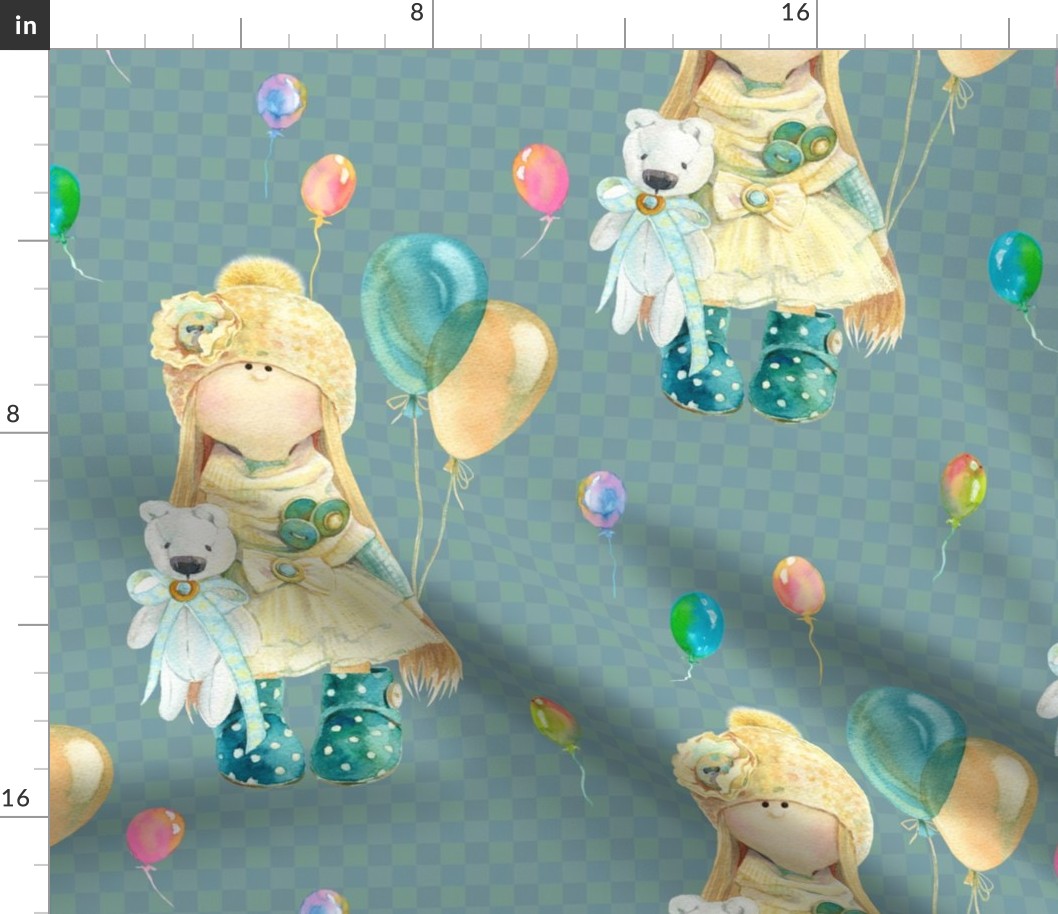 LARGE WATERCOLOR DOLL AND BALLOONS ON PETROLEUM BLUE GREEN gingham