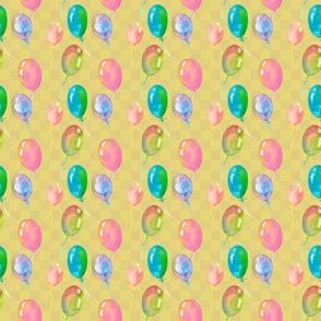 WATERCOLOR MINI BALLOONS PATTERN ON MUSTARD YELLOW GINGHAM