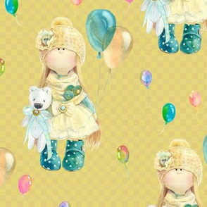 MEDIUM WATERCOLOR DOLL AND BALLOONS ON MUSTARD YELLOW  GINGHAM