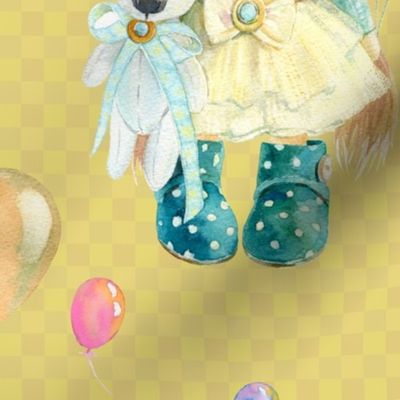 LARGE WATERCOLOR DOLL AND BALLOONS ON MUSTARD YELLOW GINGHAM