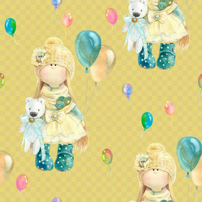 LARGE WATERCOLOR DOLL AND BALLOONS ON MUSTARD YELLOW GINGHAM