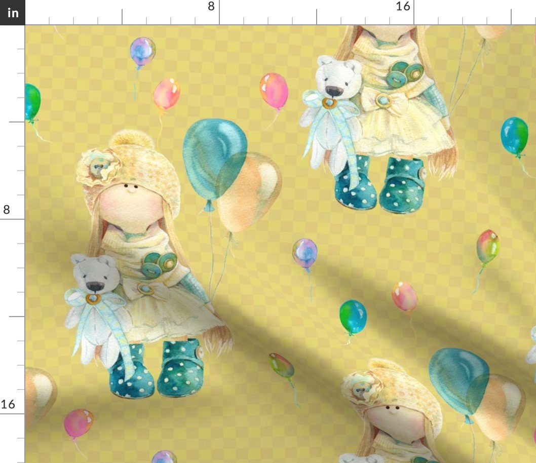 LARGE WATERCOLOR DOLL AND BALLOONS ON MUSTARD YELLOW GINGHAM