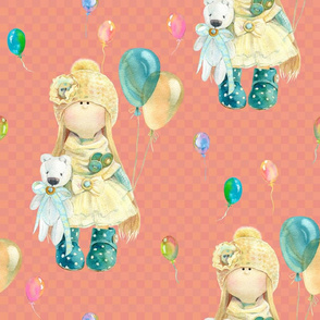 LARGE WATERCOLOR DOLL AND BALLOONS ON CORAL GINGHAM