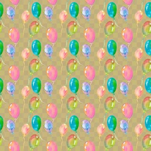 WATERCOLOR BALLOONS PATTERN ON HAZELNUT BEIGE GINGHAM