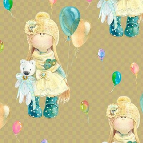 MEDIUM WATERCOLOR DOLL AND BALLOONS ON HAZELNUT BEIGE GINGHAM