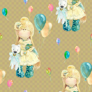 LARGE WATERCOLOR DOLL AND BALLOONS ON HAZELNUT BEIGE GINGHAM